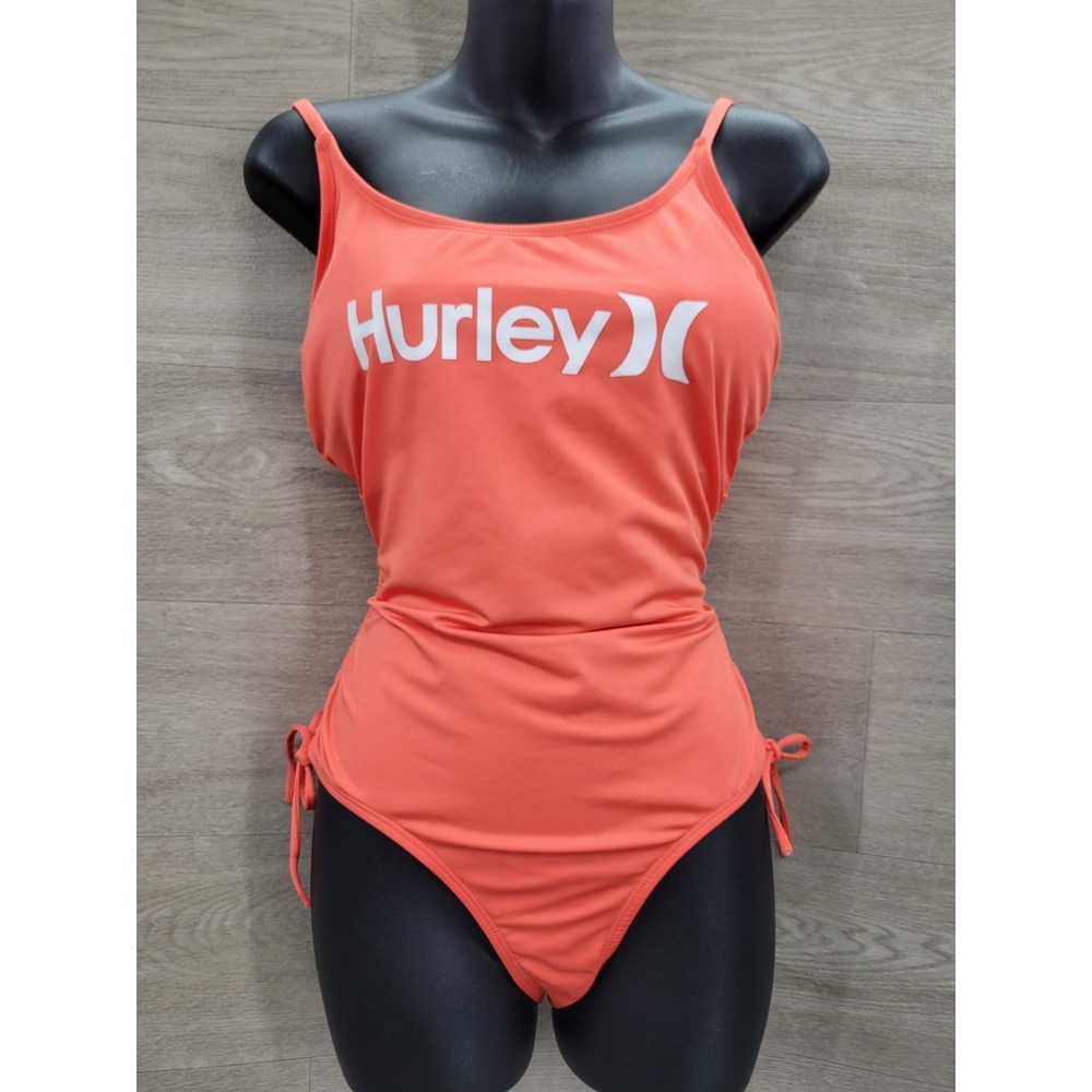 Hurley One Piece Swimsuit Women's L Orange Logo Adjustable Straps Swimwear